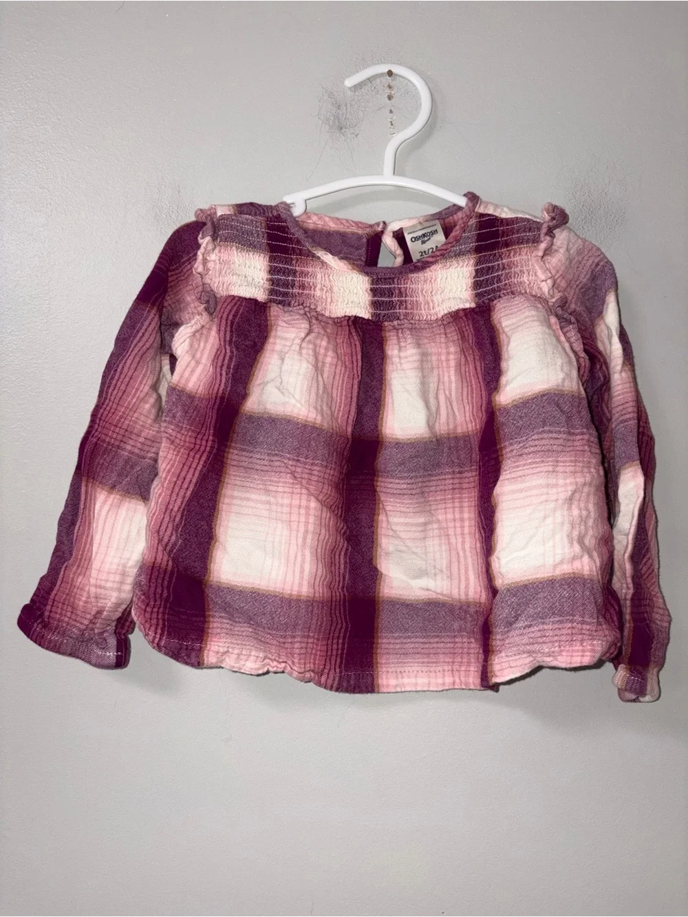 Oshkosh B’gosh Purple‎ Pink White Plaid Long Sleeve Top Girls 2T Fits Small